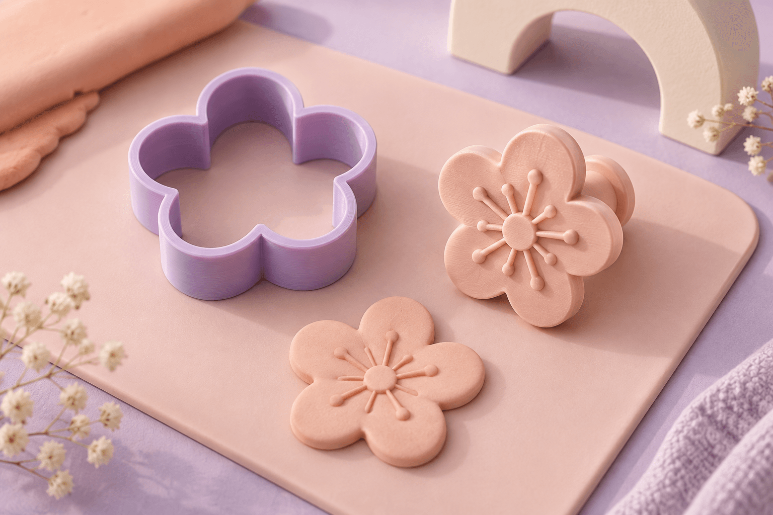 Product illustration: A flower-shaped clay cutter beside its matching detail stamp