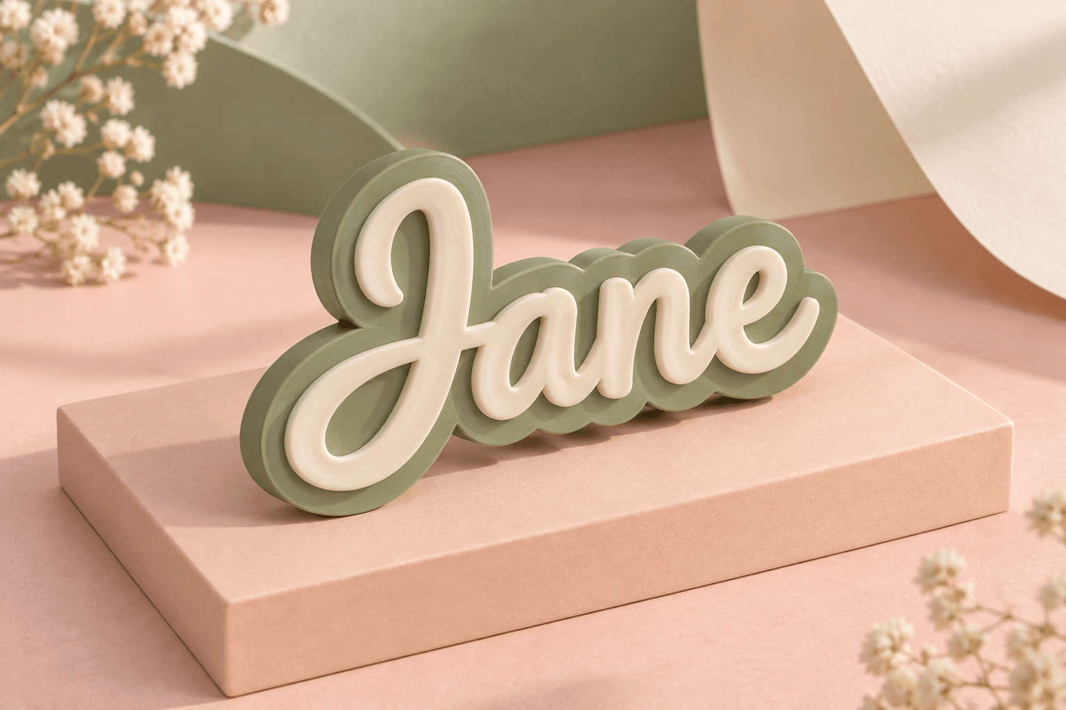 Product illustration: Jane in cream script on a green contoured name plate