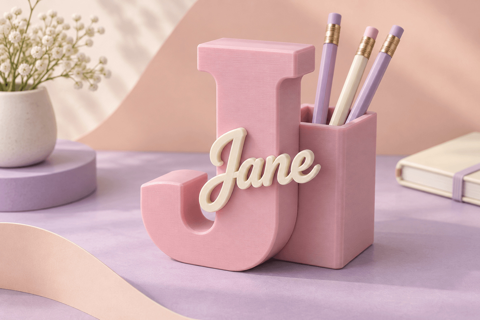 Product illustration: A pink J with Jane lettering and an open pencil cup behind it