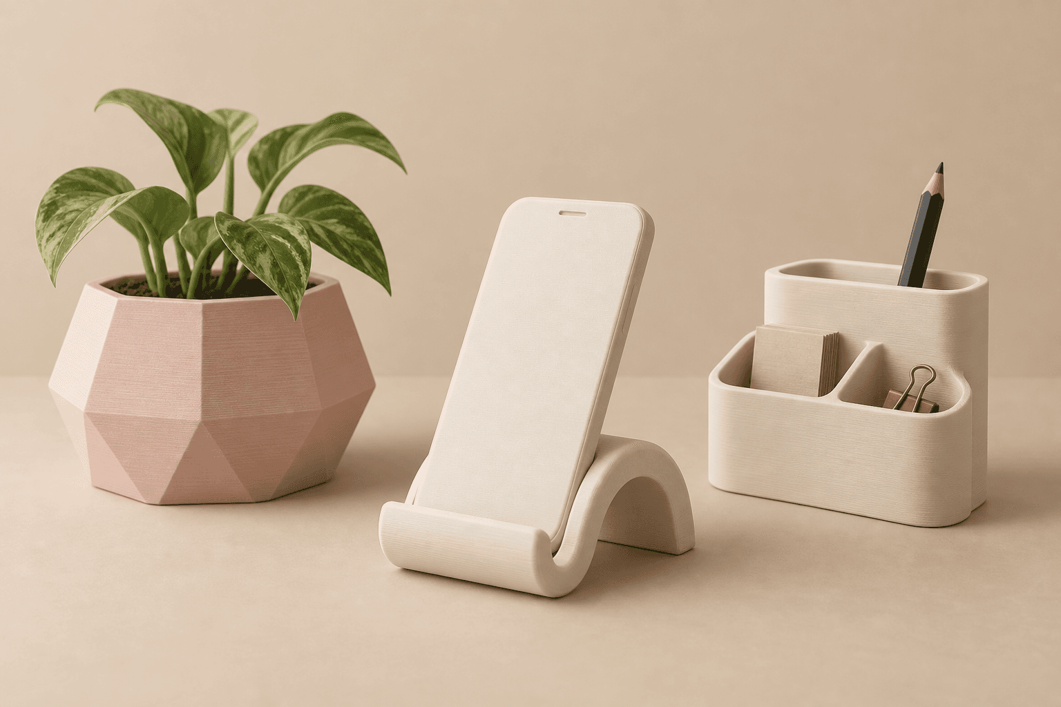 Studio illustration of a blush planter, ivory phone stand and desk organizer